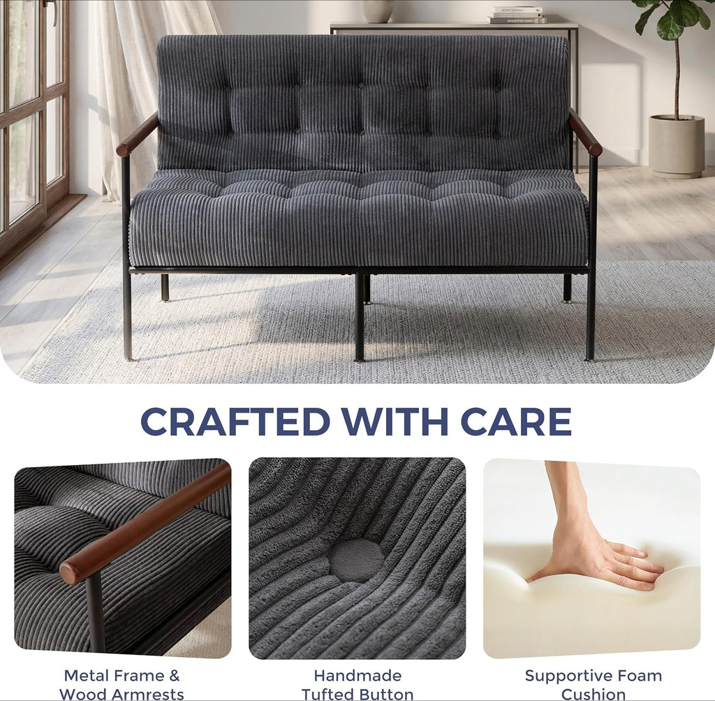 Tufted Loveseat Sofa with Wood Armrests