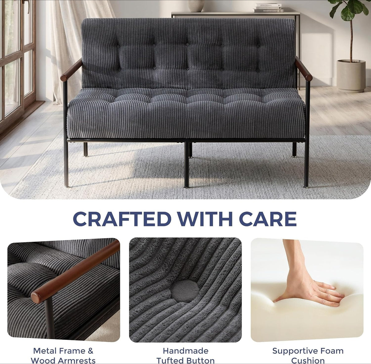 Tufted Loveseat Sofa with Wood Armrests