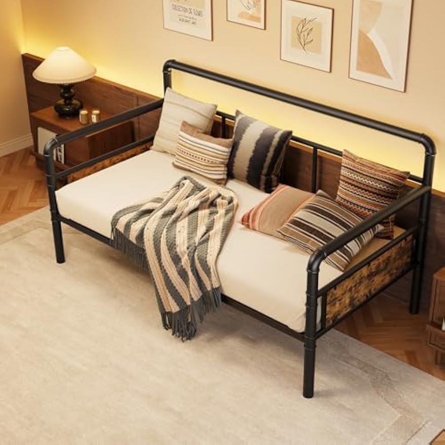 Metal Full‑Size Daybed Frame with Wooden Headboard