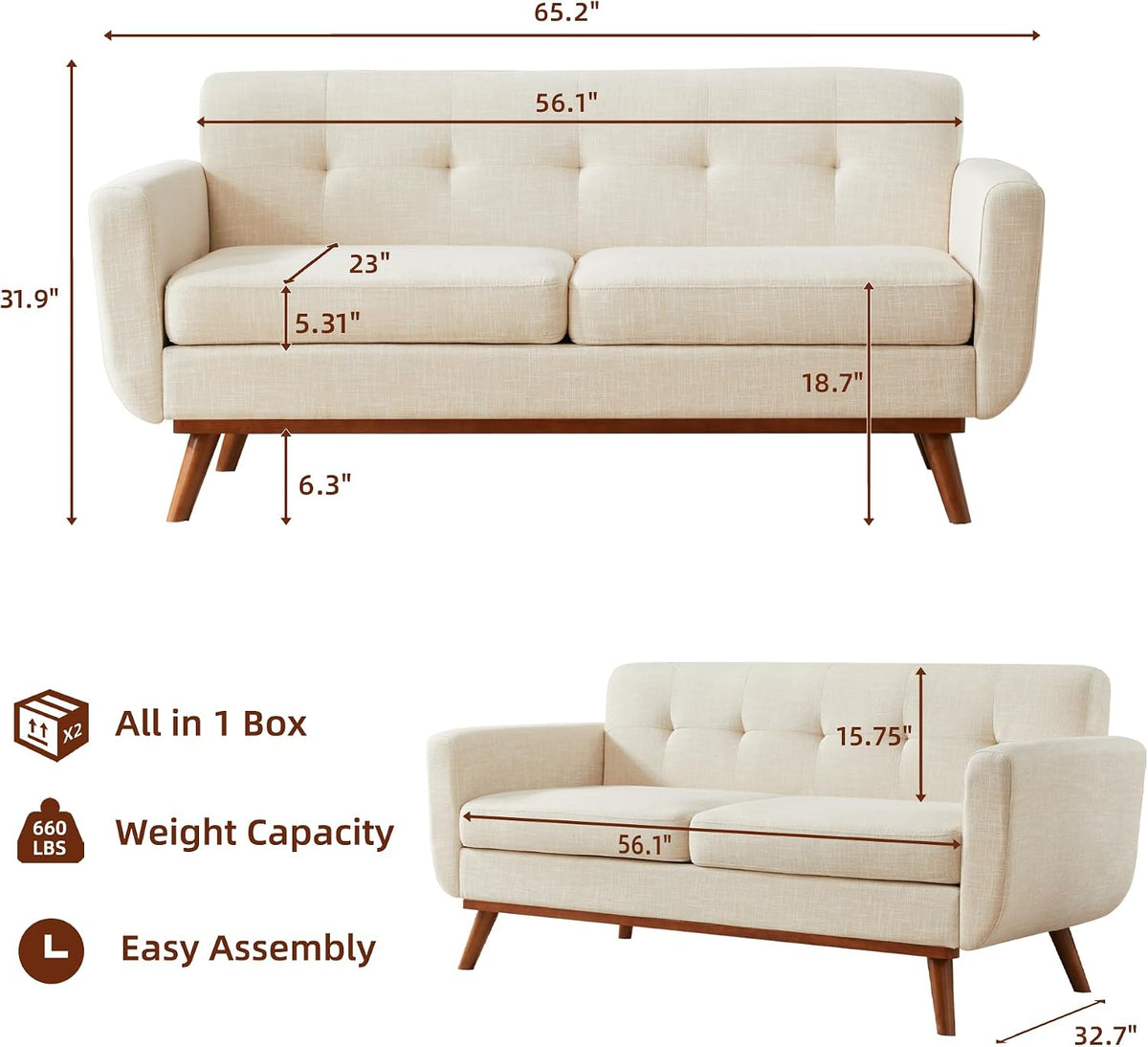 Mid‑Century Tufted Loveseat Sofa