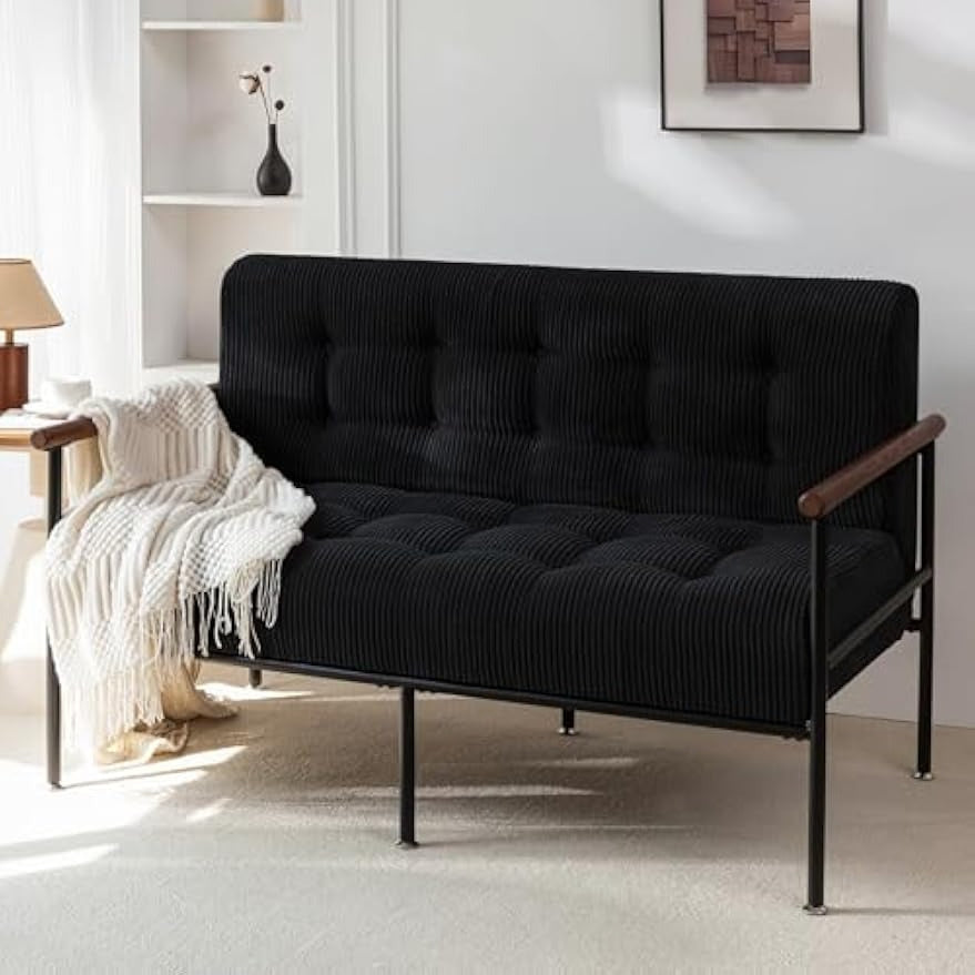 Tufted Loveseat Sofa with Wood Armrests