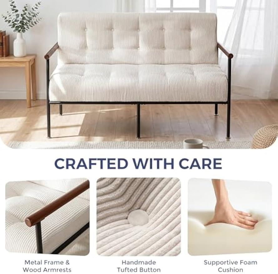 Tufted Loveseat Sofa with Wood Armrests