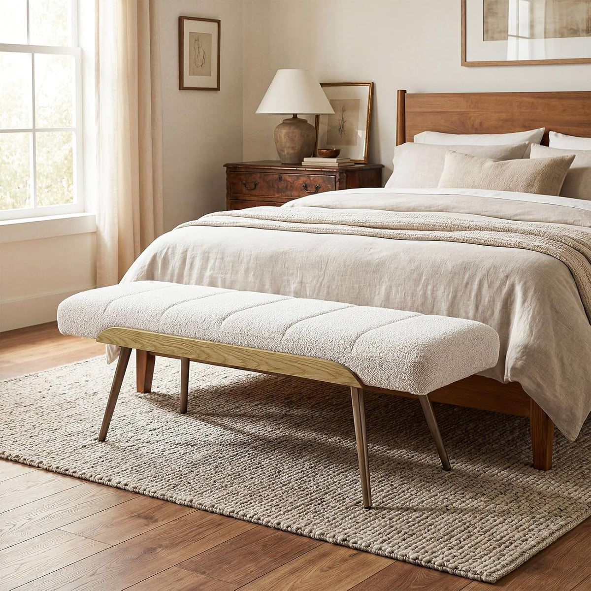 Mid‑Century Boucle Upholstered Bench
