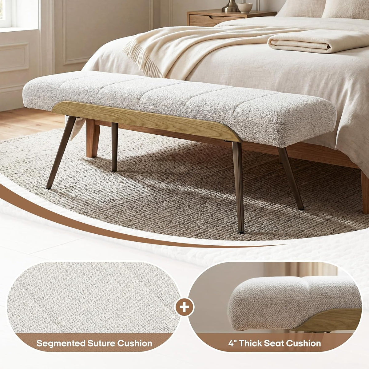 Mid‑Century Boucle Upholstered Bench