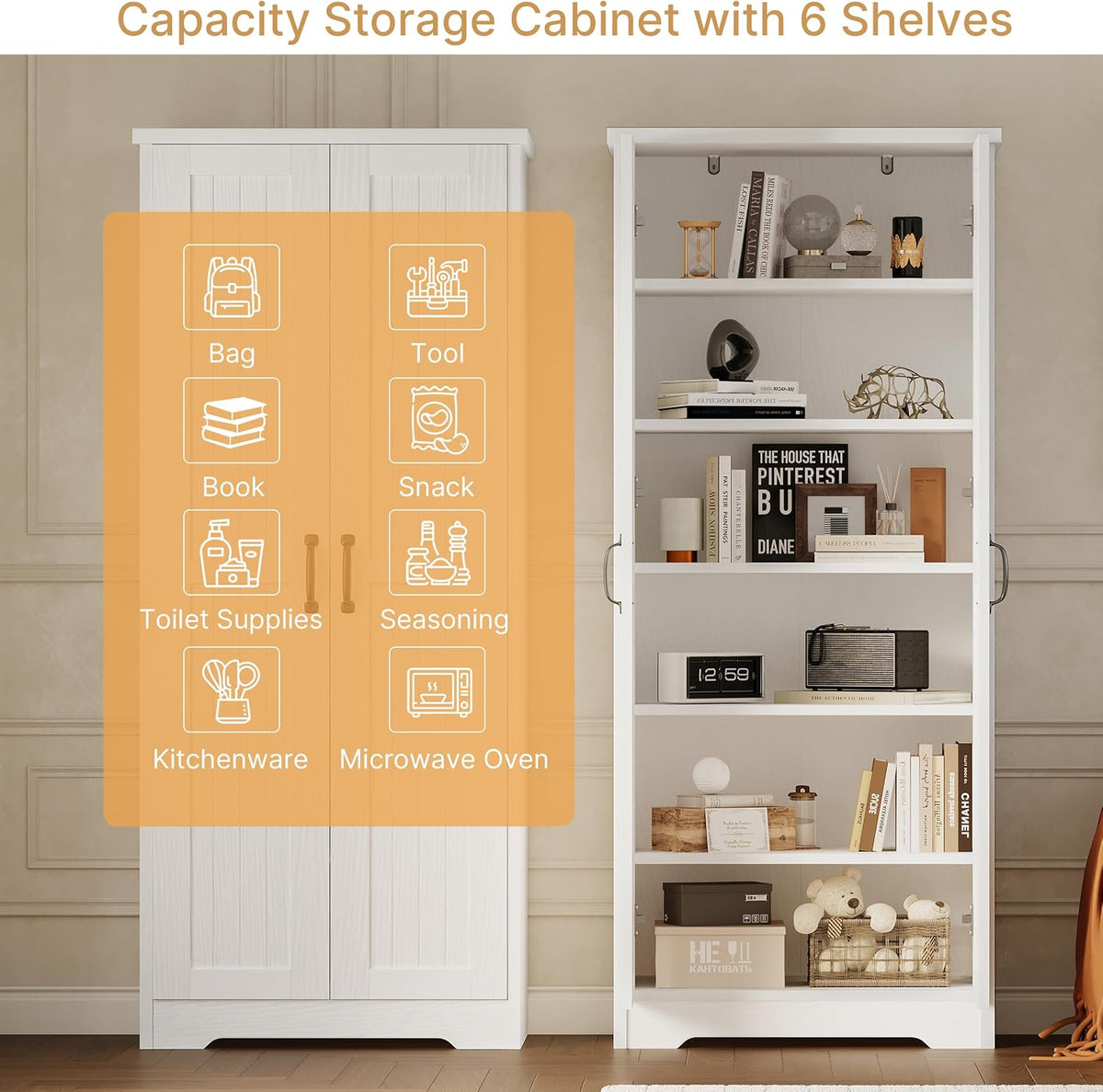 70" Tall Freestanding Pantry Storage Cabinet with Adjustable Shelves