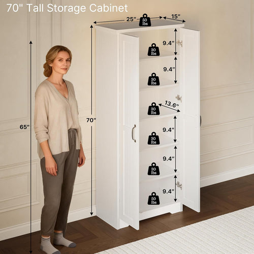 70" Tall Freestanding Pantry Storage Cabinet with Adjustable Shelves