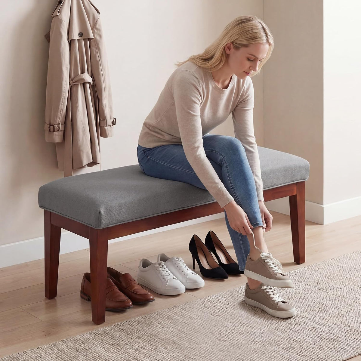 Linen Upholstered Entryway Bed Bench