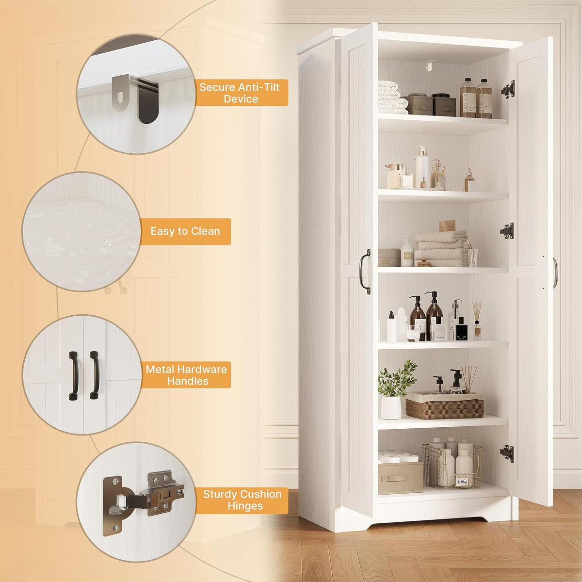 70" Tall Freestanding Pantry Storage Cabinet with Adjustable Shelves