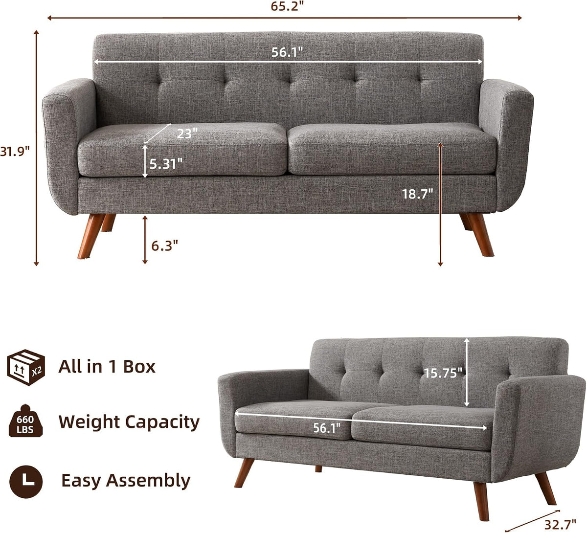 Mid‑Century Tufted Loveseat Sofa