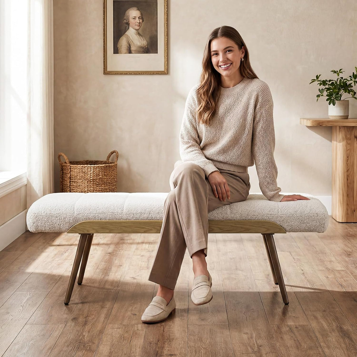Mid‑Century Boucle Upholstered Bench