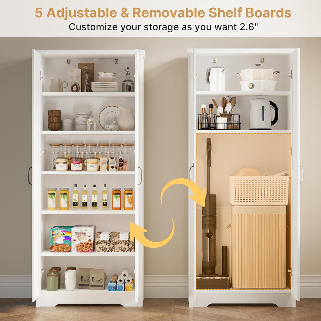 70" Tall Freestanding Pantry Storage Cabinet with Adjustable Shelves