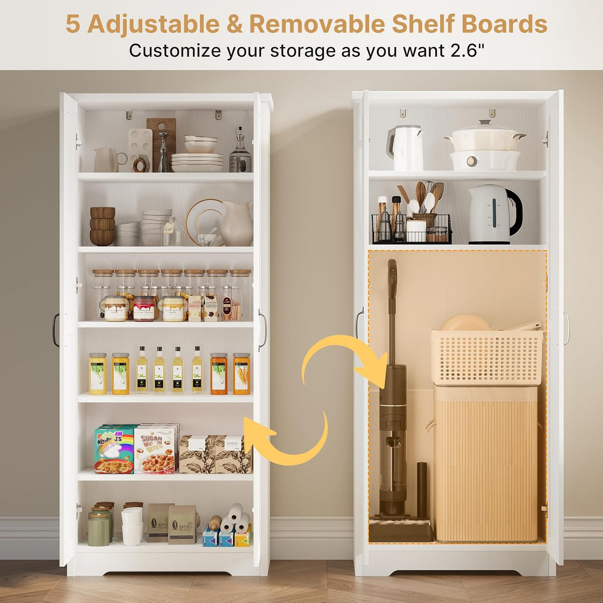 70" Tall Freestanding Pantry Storage Cabinet with Adjustable Shelves