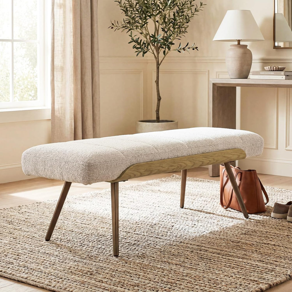 Mid‑Century Boucle Upholstered Bench
