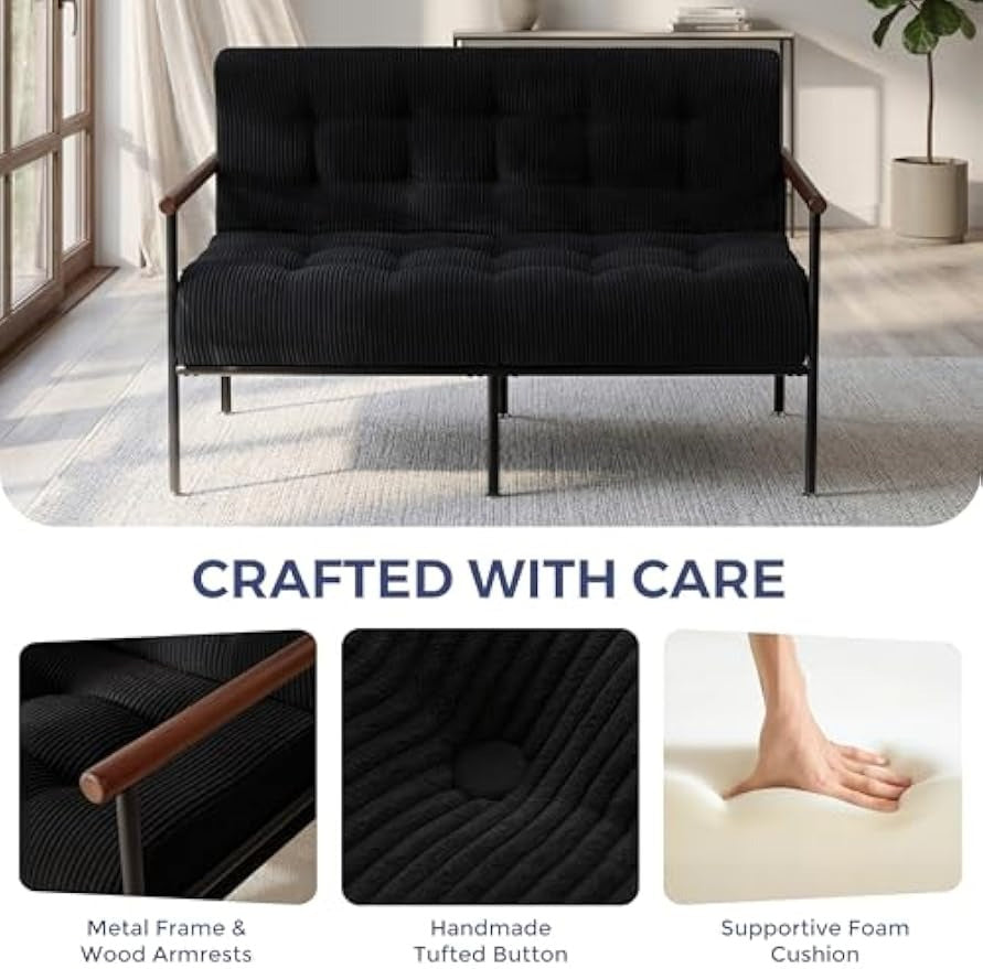 Tufted Loveseat Sofa with Wood Armrests