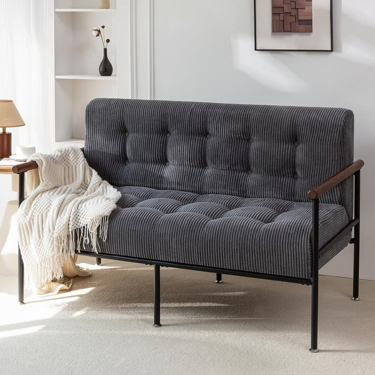 Tufted Loveseat Sofa with Wood Armrests