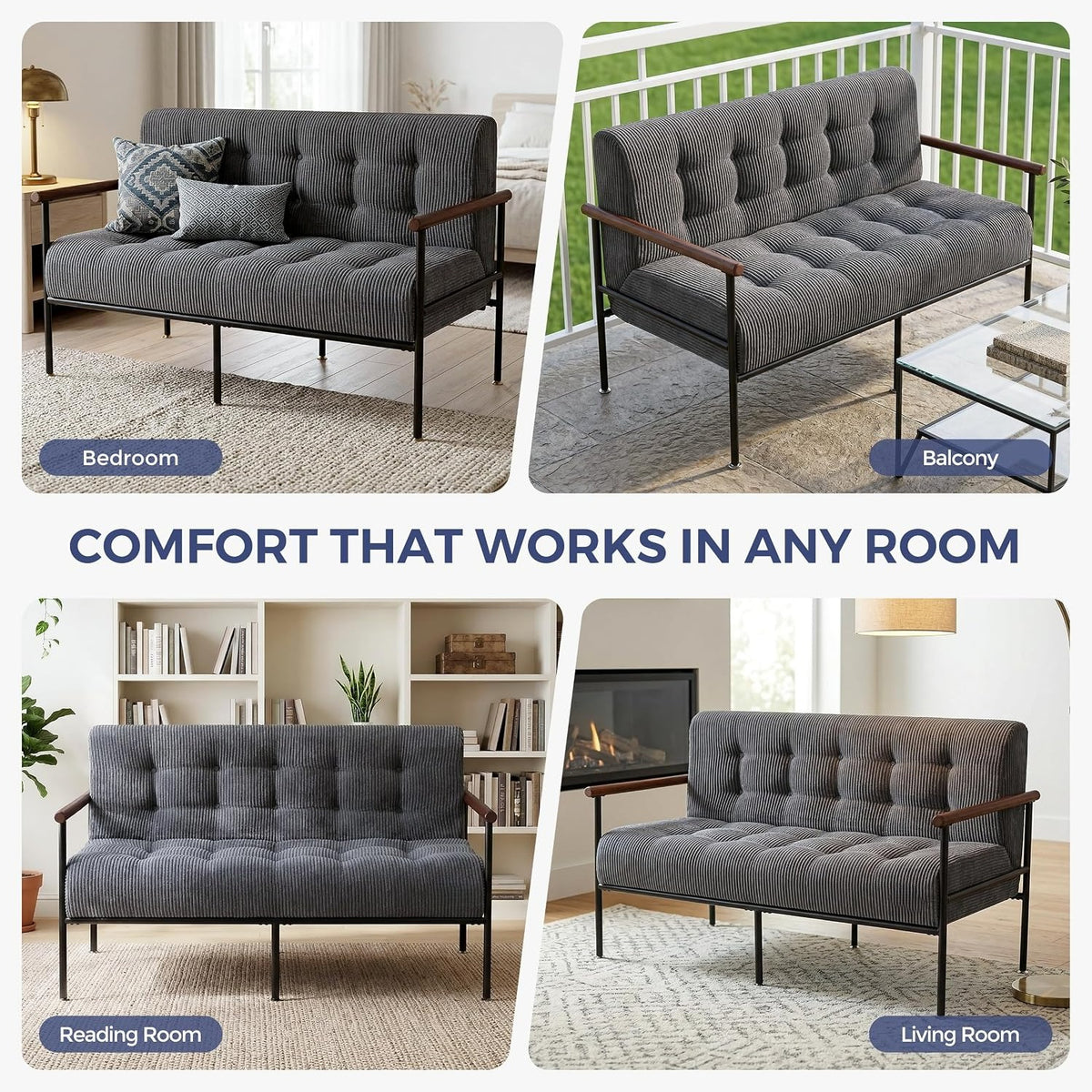 Tufted Loveseat Sofa with Wood Armrests